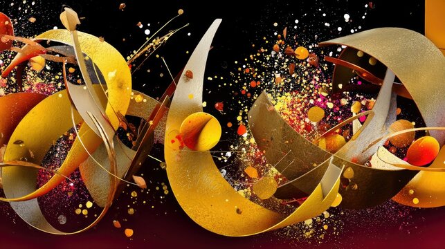 An abstract composition featuring swirling golden and metallic shapes with a vibrant explosion of colorful particles against a dark background, creating a dynam