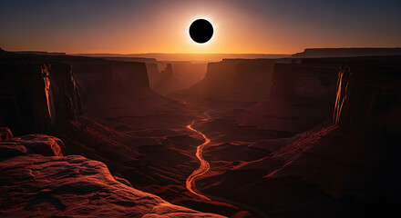 Solar Eclipse over Grand Canyon with Suns Corona Visible.