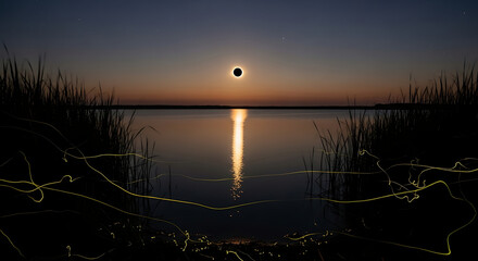 Solar Eclipse Over Water with Reflection and Fireflies.