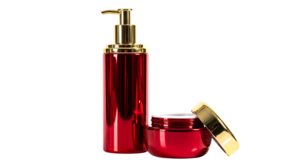Shiny red bottles and cream jar show elegant cosmetics on transparent background
