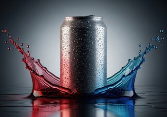 Refreshing energy drink can splashes with red and blue liquid droplets
