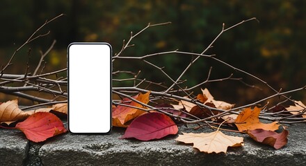 Smartphone with a blank white screen for mockup template laying on a stone surface with autumn leaves and branches, a backdrop of fall foliage - 152