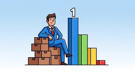 Smiling businessman in blue suit is sitting on boxes near colorful bar chart