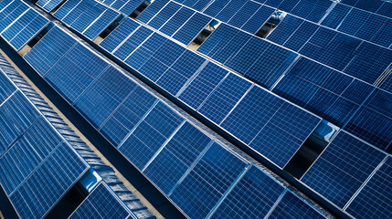Aerial view of solar panels reflecting the sky, creating a blue grid pattern for clean energy