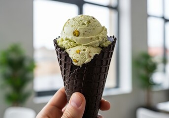 Delicious pistachio ice cream scoops in a dark chocolate waffle cone held by hand