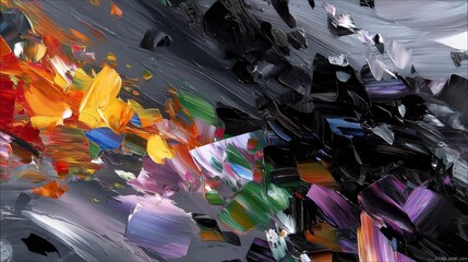 An abstract painting with thick, textured brushstrokes. Vibrant colors like orange, yellow, and red contrast with dark black and grey tones, creating a sense of