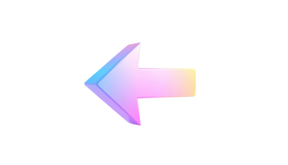 A vibrant, three-dimensional, iridescent arrow pointing left against a black background
