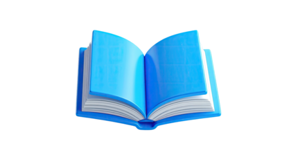 A bright blue, open book, 3D rendered against a solid black background
