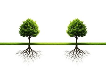 Two lush green trees connected by a single root system on a white background