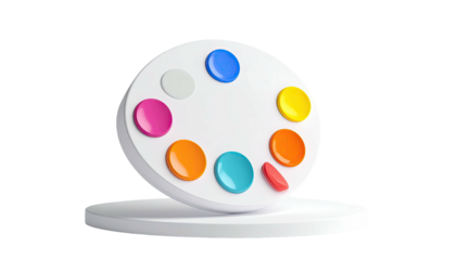 A 3D rendered white art palette with colorful paint dots, on a white base