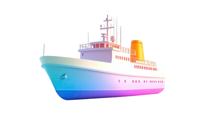 A colorful, stylized ocean liner floats on a black backdrop