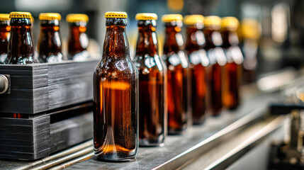 Bottles lined up on a production line at a brewery during a busy working day