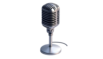 Shiny, retro microphone on a stand against a black background, lit by light