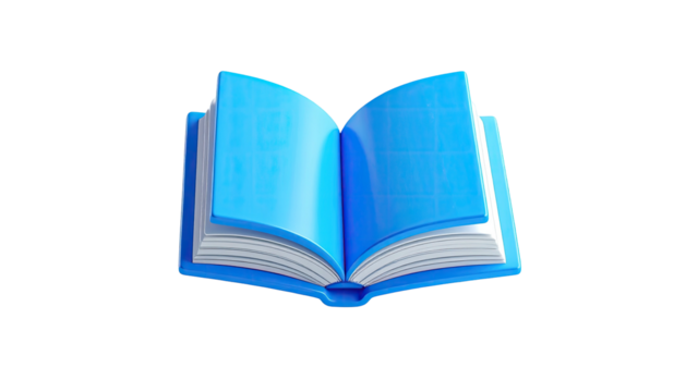 A bright blue, open book, 3D rendered against a solid black background