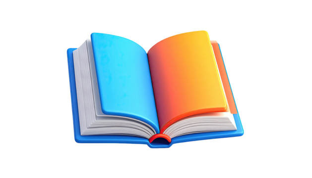 An open book, stylized with blue and orange pages, sits against a black background