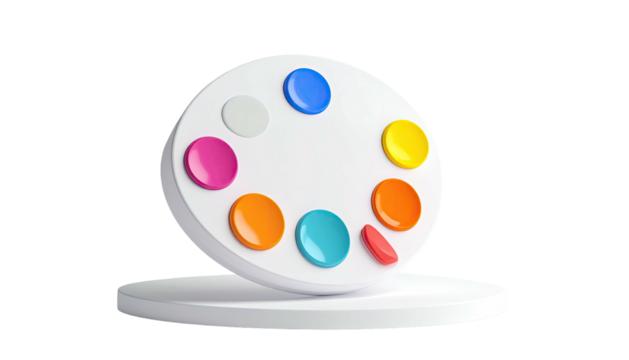 A 3D rendered white art palette with colorful paint dots, on a white base