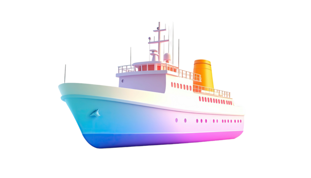 A colorful, stylized ocean liner floats on a black backdrop