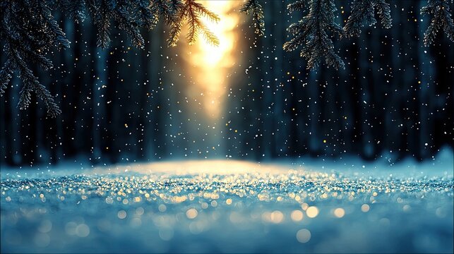 A magical winter scene in a forest, with snow-covered ground sparkling under golden sunlight filtering through pine branches, and snowflakes gently falling. - Powered by Adobe