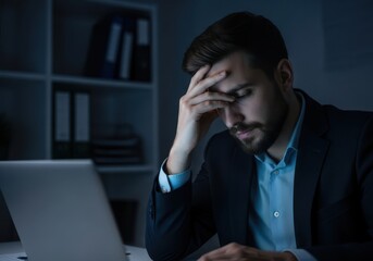 Stressed businessman working late at his desk with a laptop in a dimly lit office