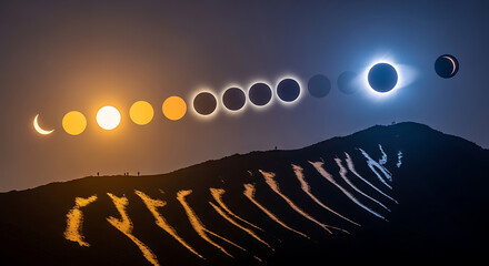 Total Solar Eclipse Progression Over Mountain Landscape.