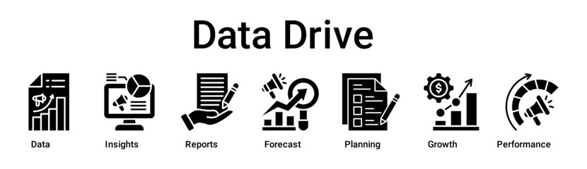 Data Drive banner web icon vector illustration concept for business with icon of Data, Insights, Reports, Forecast, Planning, Growth.