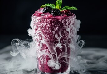 Iced blackberry smoothie with dry ice smoke and fresh mint garnish