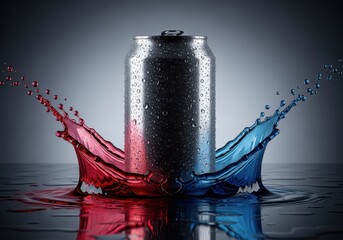 Refreshing beverage can with dynamic red and blue liquid splashes