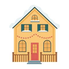 A cozy yellow house. Covered with snow. Decorated with garlands. Isolated on a white background.