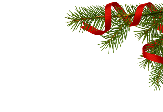 Evergreen twigs of Christmas tree with red ribbon in a holiday corner arrangement isolated on white or transparent background