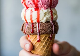 Delicious triple scoop ice cream cone drizzled with strawberry sauce held by hand