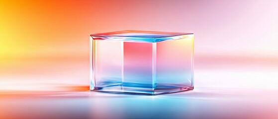 A clear glass cube sits on a reflective surface, illuminated by a soft gradient of yellow, orange, pink, and blue light, creating a vibrant and abstract mood.
