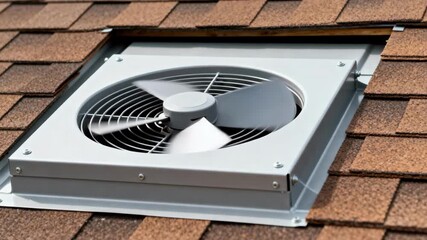 Closeup medium view of an attic ventilation fan embedded in the roof promoting air circulation to prevent moisture buildup and heat accumulation.