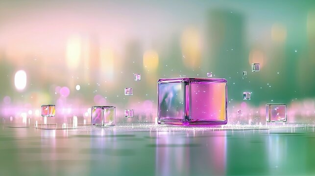 Several translucent, geometric cubes are scattered across a reflective surface, with smaller cubes floating in the air. The background features soft, blurred bo