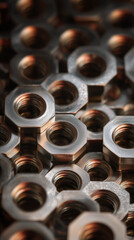 Close-up of metallic nuts stacked together. The image highlights the intricate details and textures of the hardware components.