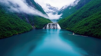 A serene, wide shot of a vibrant turquoise lake nestled between lush green, fog-covered mountains. A wide waterfall cascades into the lake, and a small boat lea