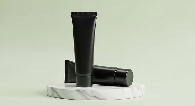 Two black cosmetic tubes mockup on marble pedestal: professional skincare product presentation for beauty branding (character count: 152) - Powered by Adobe