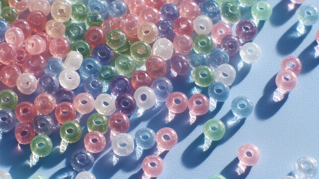 Colorful plastic beads scattered on a blue surface. The beads are in various shades including pink, green, and clear, creating a vibrant and playful scene.