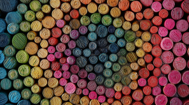 A vibrant arrangement of colored pencils in a circular pattern. The pencils display various shades, creating a visually striking design.