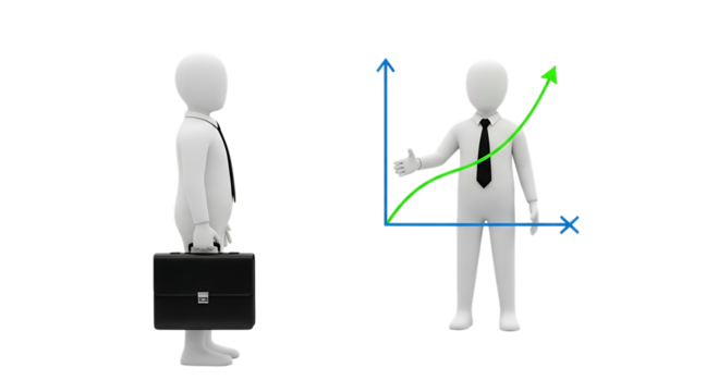 Two stylized business figures with chart data demonstrate corporate success on transparent background