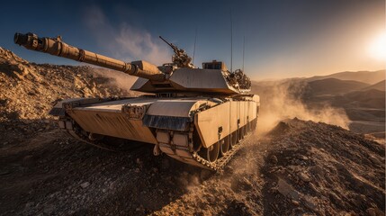 Photorealistic image of a modern main battle tank on a rugged training ground at golden hour