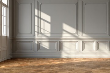 Photorealistic render of an empty wall with classic wall moulding and sunlit wooden floor for template displays