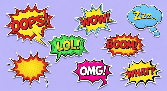 Comic speech bubbles with expressions: wow, omg, boom, what, zzz, oops, lol. great for social media content, creative design, illustration. (152 characters)