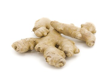 Natural ginger arranged on clean white background.