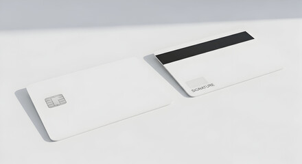 Modern white credit cards with chip and magnetic stripe ready for financial transactions and secure payments