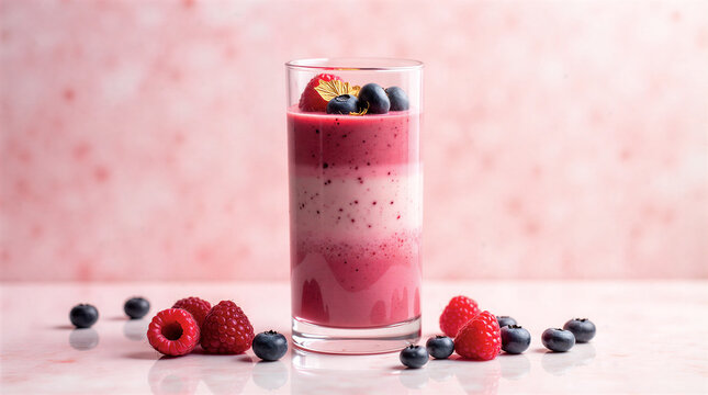 A gradient pink berry smoothie in a elegant glass, topped with fresh raspberries, blueberries, and a touch of edible gold leaf.