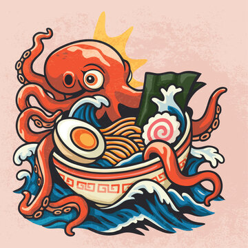 Whimsical vector illustration of a giant octopus playfully wrapping its tentacles around a steaming ramen bowl, complete with noodles, egg, seaweed, and narutomaki in vibrant Japanese-inspired style.