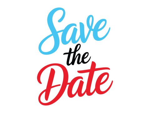 The words 'Save the Date' are written in a decorative font with 'Save' in blue, 'the' in black, and 'Date' in red.