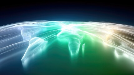 An abstract, glowing visualization of the Earth's continents with luminous light trails connecting various regions, set against a dark, gradient background.