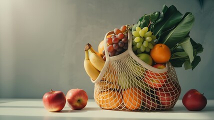 Eco friendly reusable shopping bag full of fresh and healthy fruits