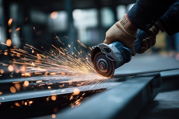  Industrial worker in protective gear cutting steel bars with angle grinder, sparks flying in factory, manufacturing and construction fabrication concept.